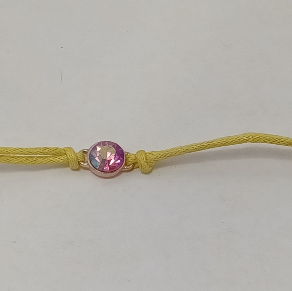 Pink Crystal Centered Yellow Nylon Bracelet Glass Stone Corded Rope Band - Picture 7 of 8